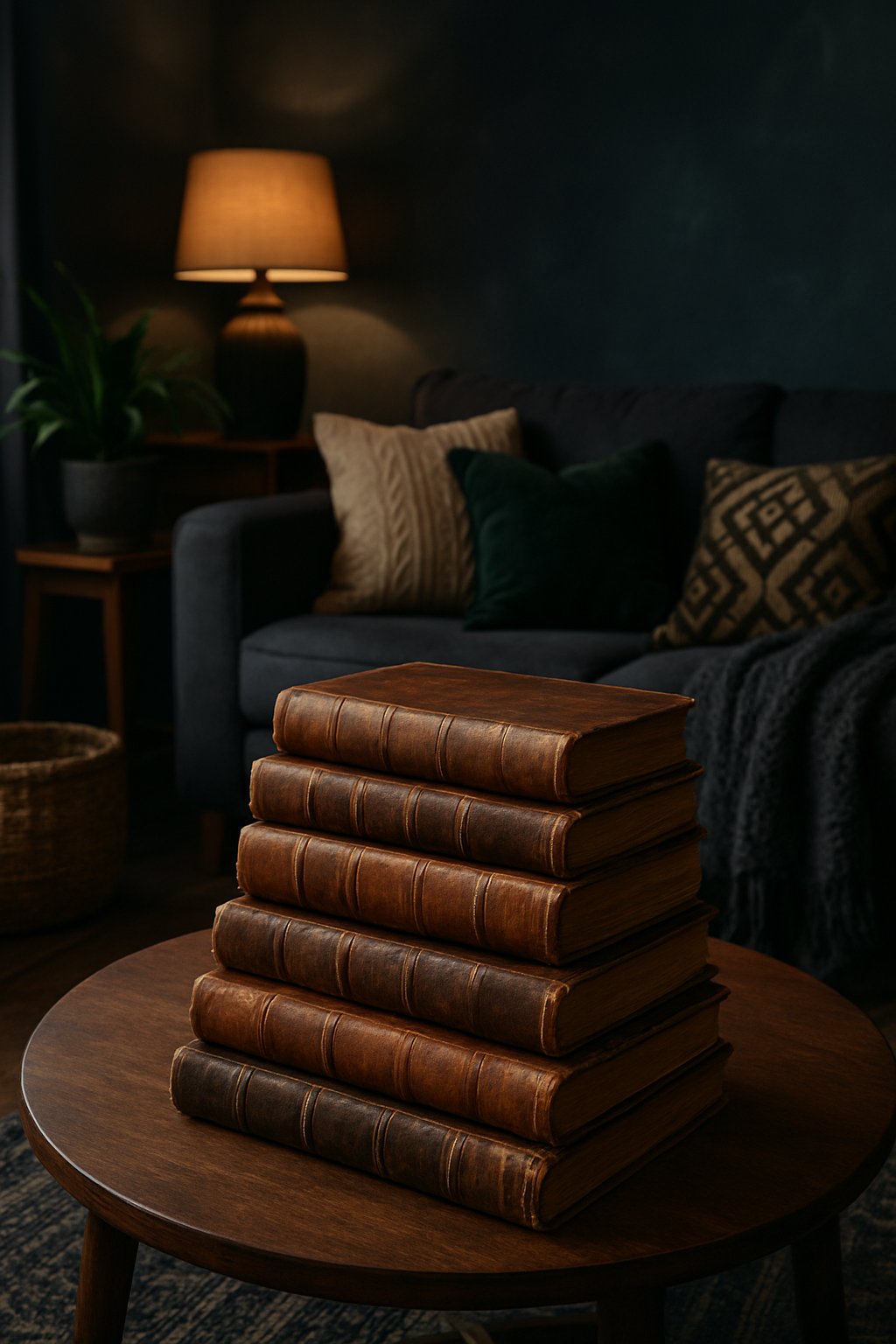 A stack of worn leather-bound books on a wooden surface in a living room with dark-colored furniture and cozy textiles.