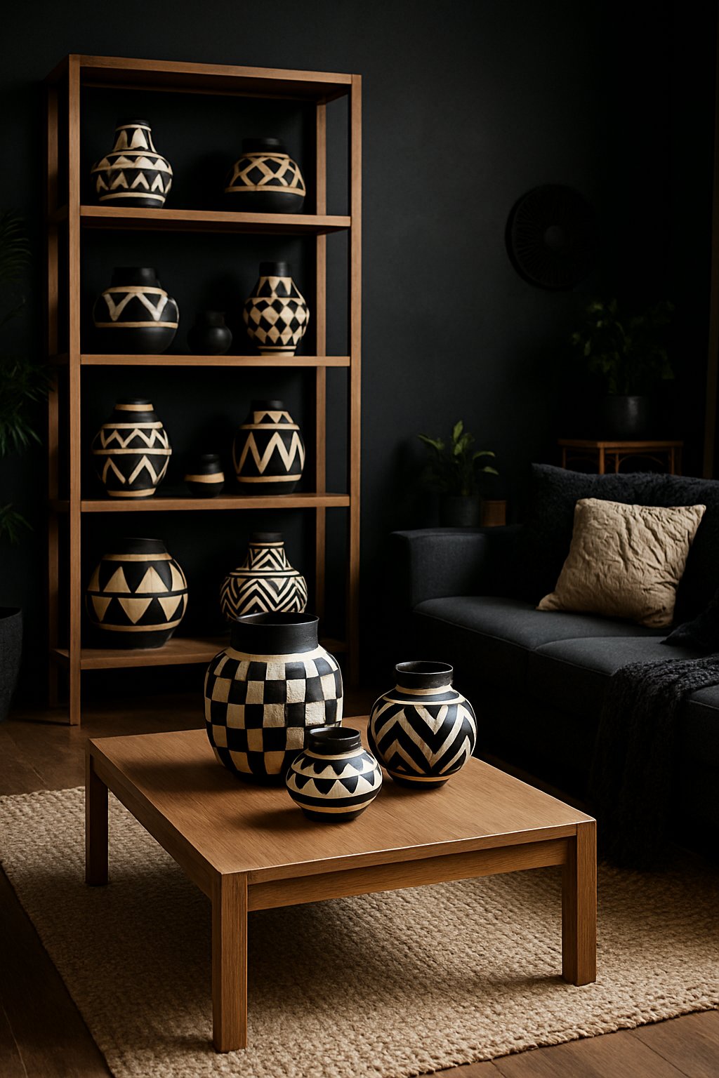 A living room with shelves and a coffee table displaying black and white pottery, surrounded by dark walls, wooden furniture, and decorative plants.