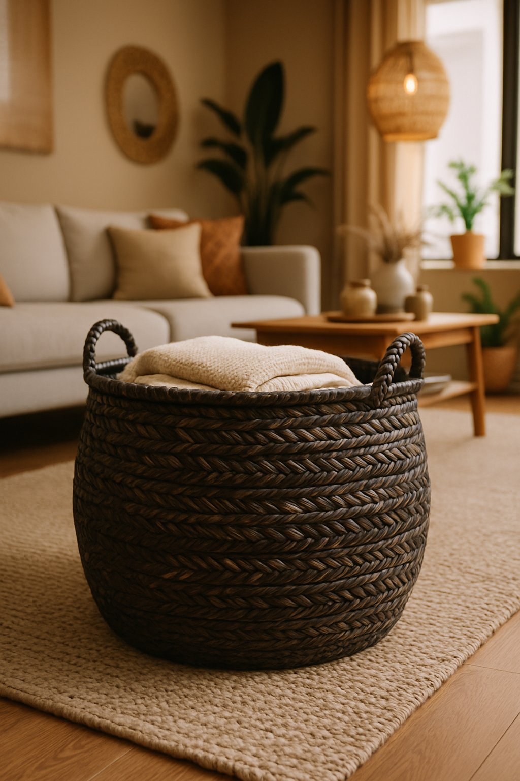 An oversized woven basket filled with blankets in a living room with a sofa, coffee table, and plants.