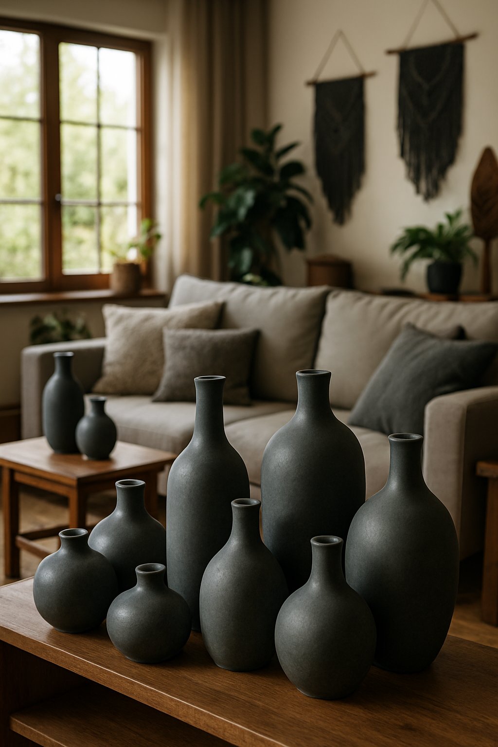 A living room with slate grey ceramic vases on a wooden shelf and side table, surrounded by a sofa, plants, and decorative items.