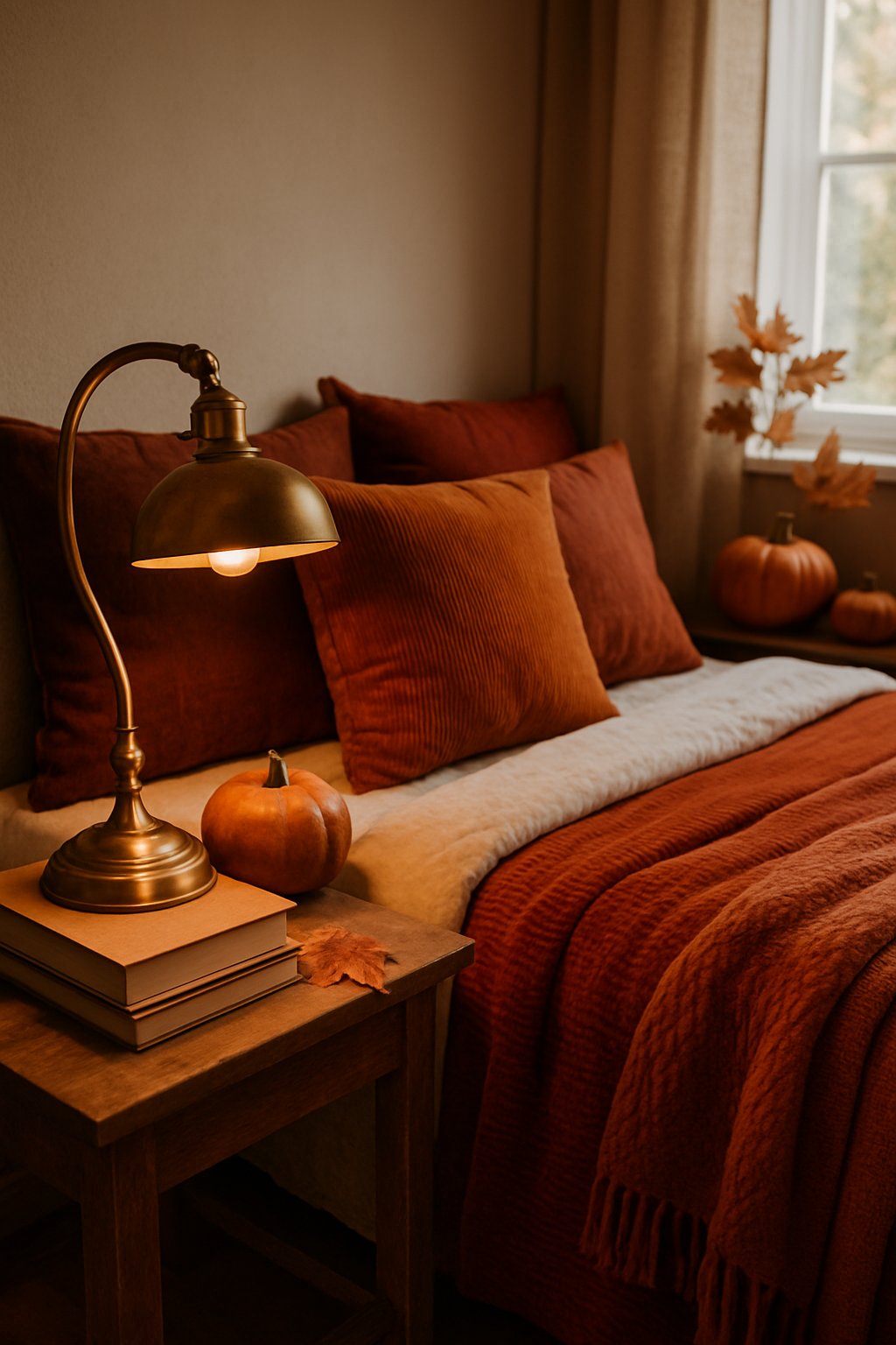 A cozy bedroom with a vintage brass reading lamp glowing warmly beside a bed decorated with fall-themed blankets and pillows.