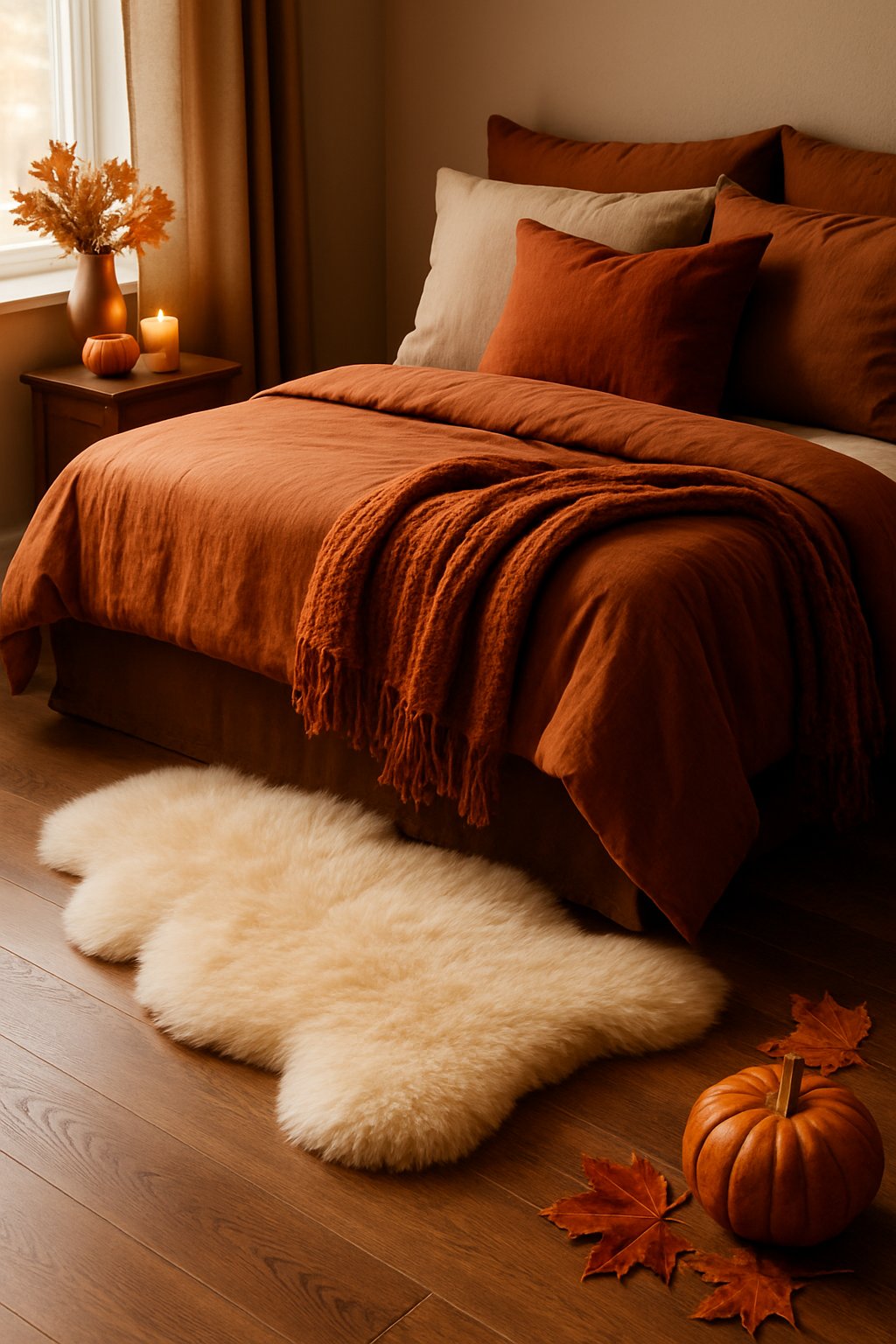 A cozy bedroom with a sheepskin rug beside a bed, decorated with warm fall colors and soft natural light.
