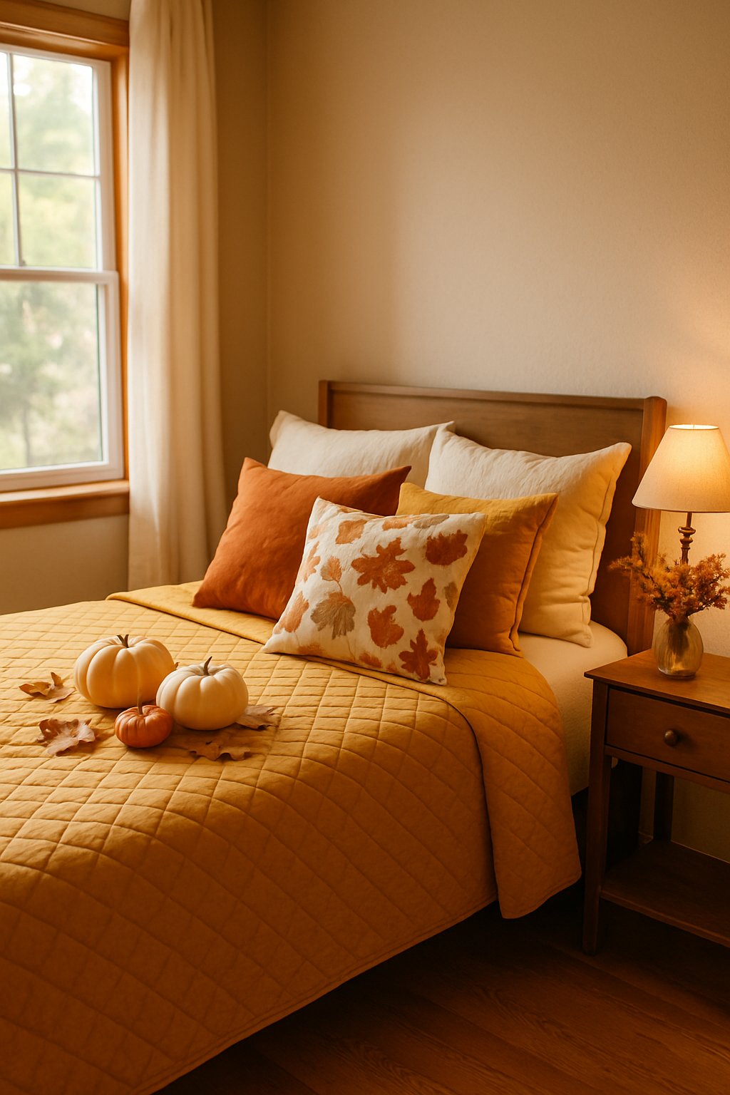 A cozy bedroom with a bed covered by a mustard yellow quilted bedspread and autumn-themed decor.