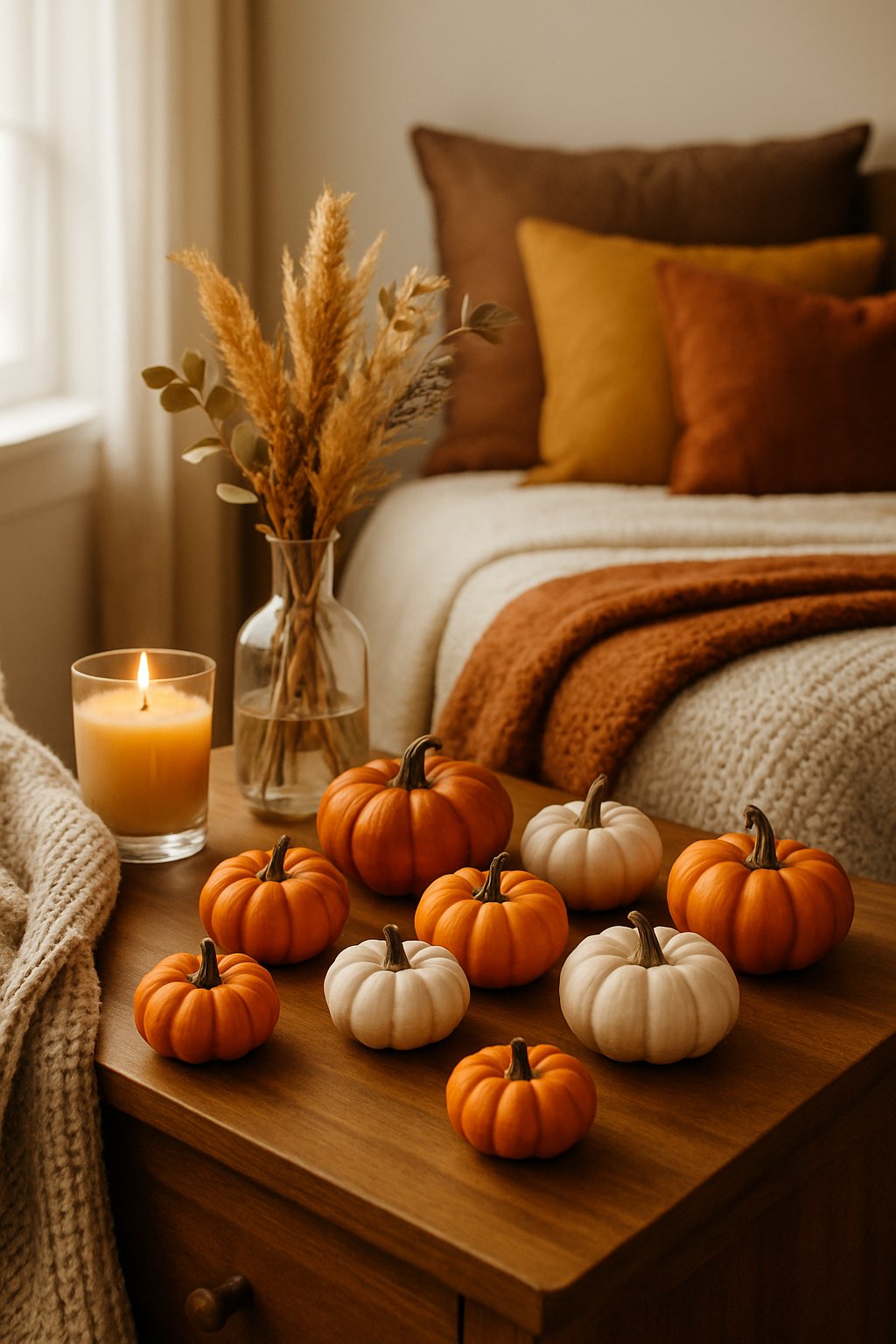 A cozy bedroom nightstand with small faux pumpkins scattered on it, surrounded by warm fall decorations and soft lighting.