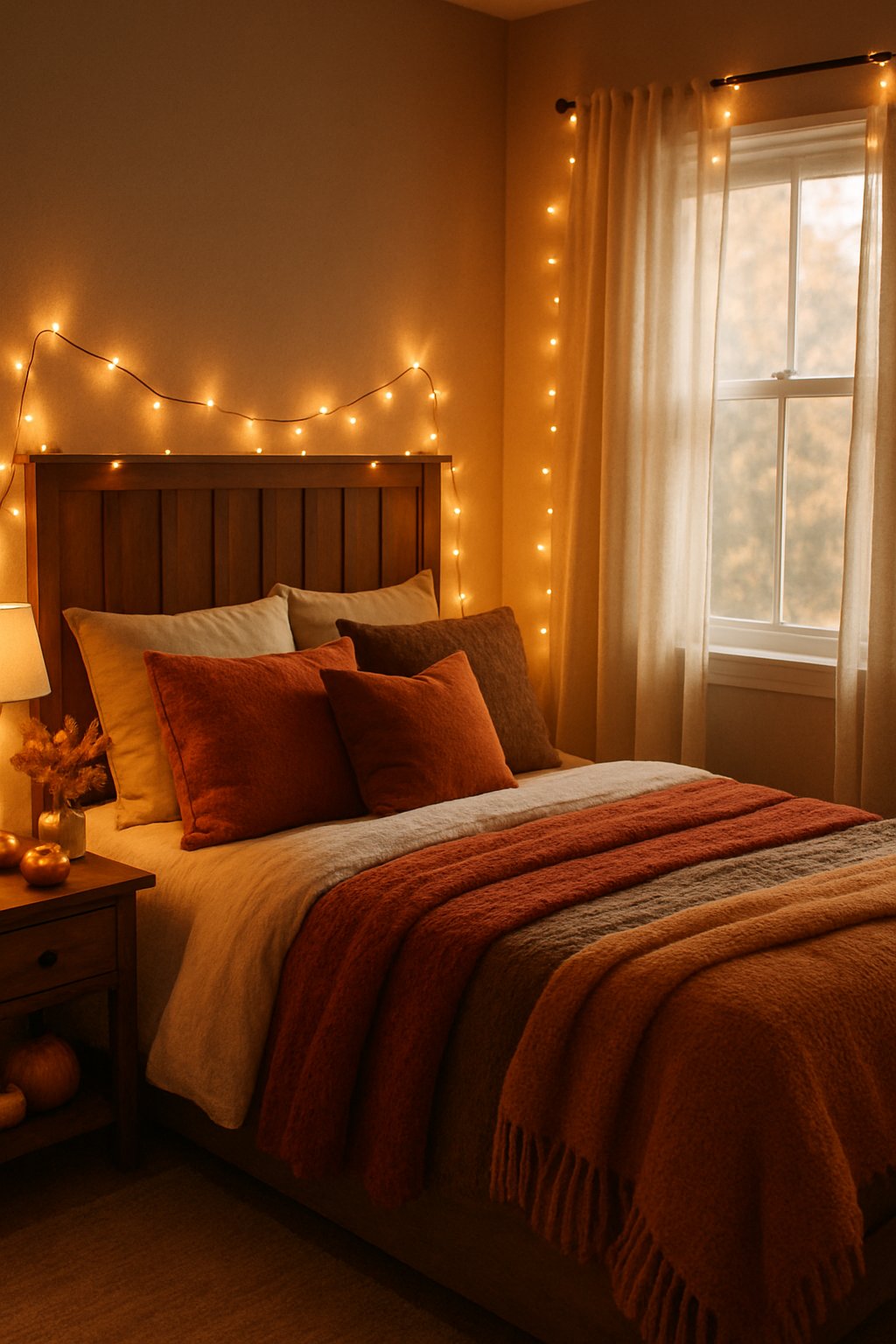 A cozy bedroom decorated for fall with amber string lights, warm blankets, pillows, and autumn decorations.