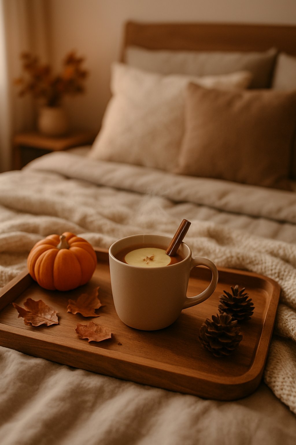 Wooden tray on a bed holding a steaming mug of apple cider with cinnamon and apple slice in a cozy fall bedroom setting.