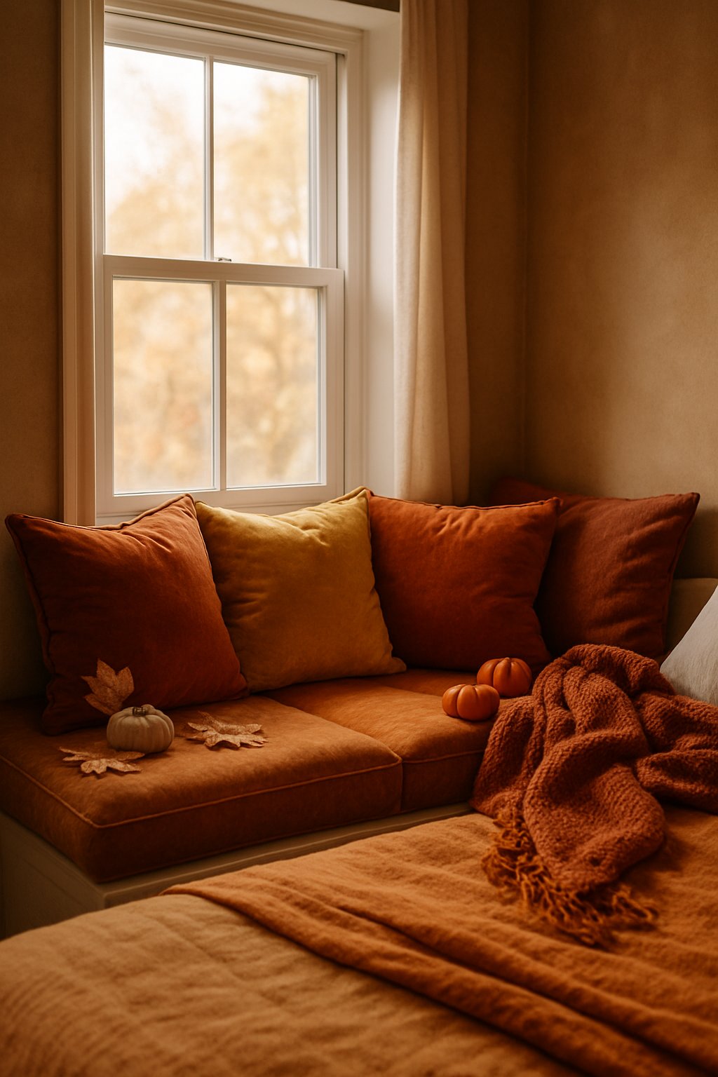 A cozy bedroom corner with a window seat featuring thick velvet cushions and fall-themed decorations.