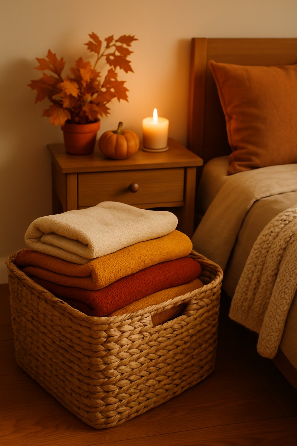 A woven basket filled with folded blankets placed in a cozy bedroom corner decorated for fall.