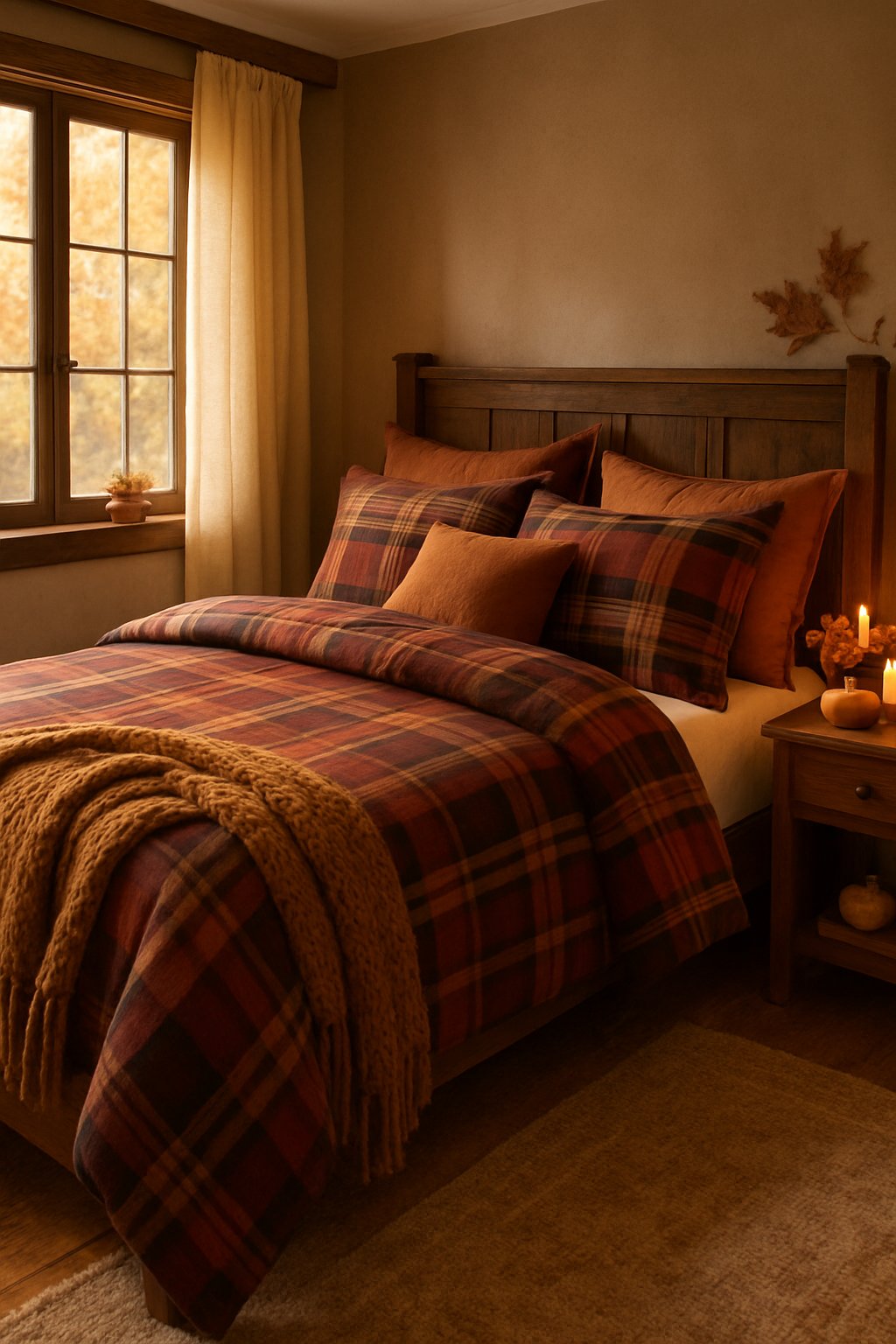 A cozy bedroom with a bed made of warm flannel sheets and autumn decorations.