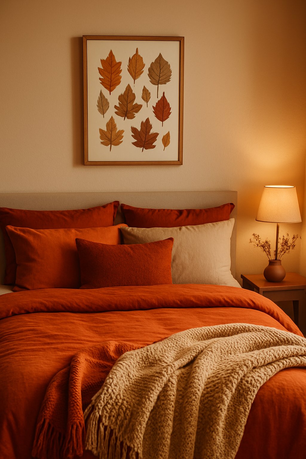 A cozy bedroom with a bed under a framed vintage leaf print on the wall, decorated with warm fall colors and soft lighting.
