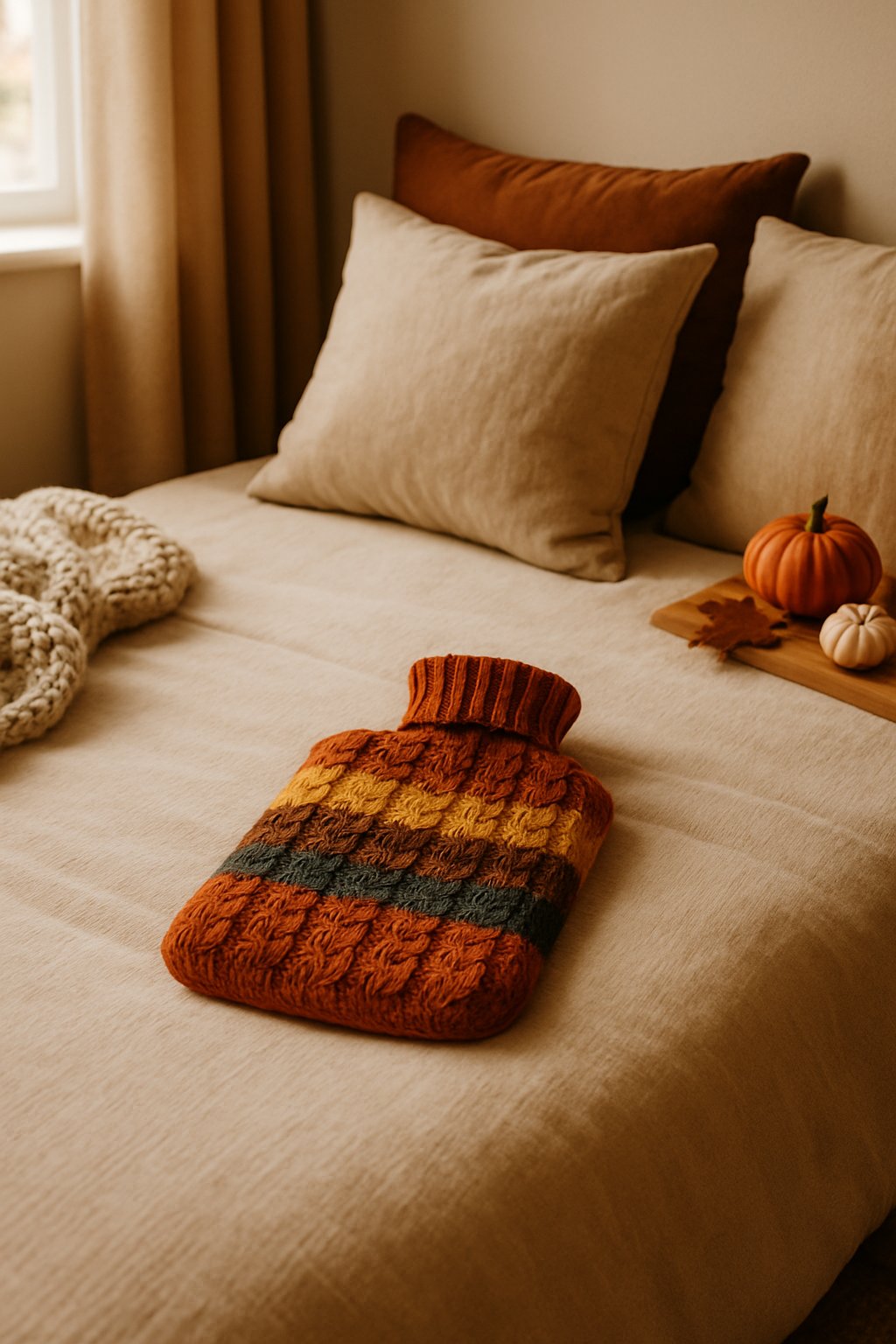A hot water bottle with a knitted cover resting on a bed in a cozy fall bedroom.