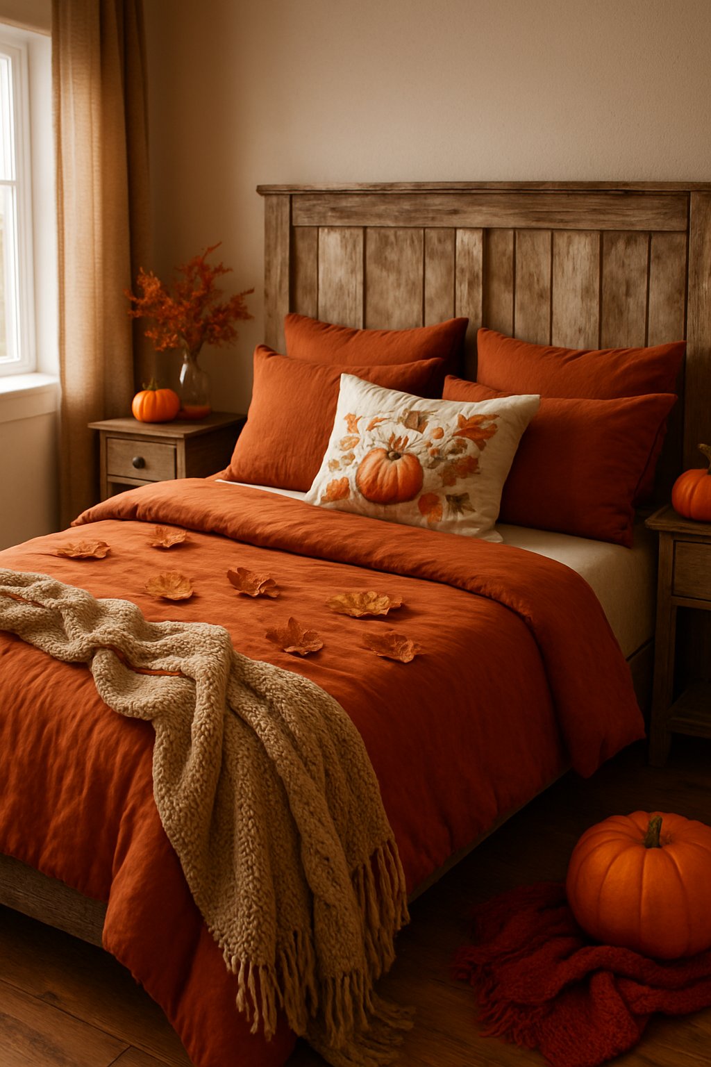 A cozy bedroom with a rustic wooden headboard and autumn-themed bedding, decorated with pumpkins and dried leaves.