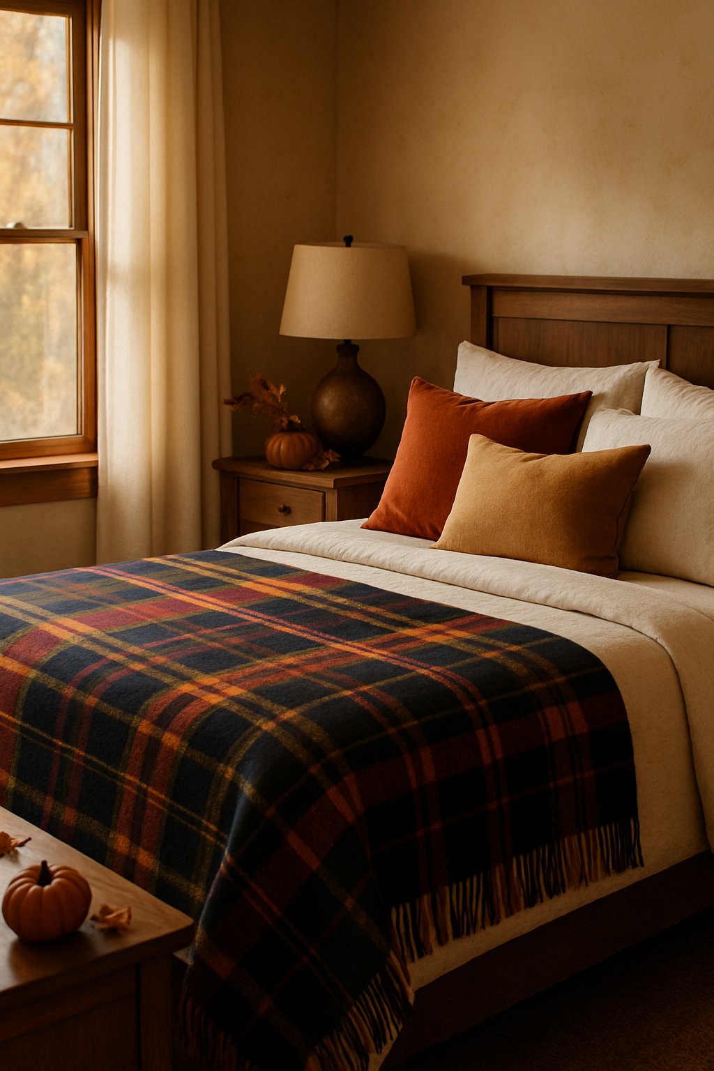 A cozy bedroom with a bed covered by a plaid wool throw blanket and warm fall decorations.