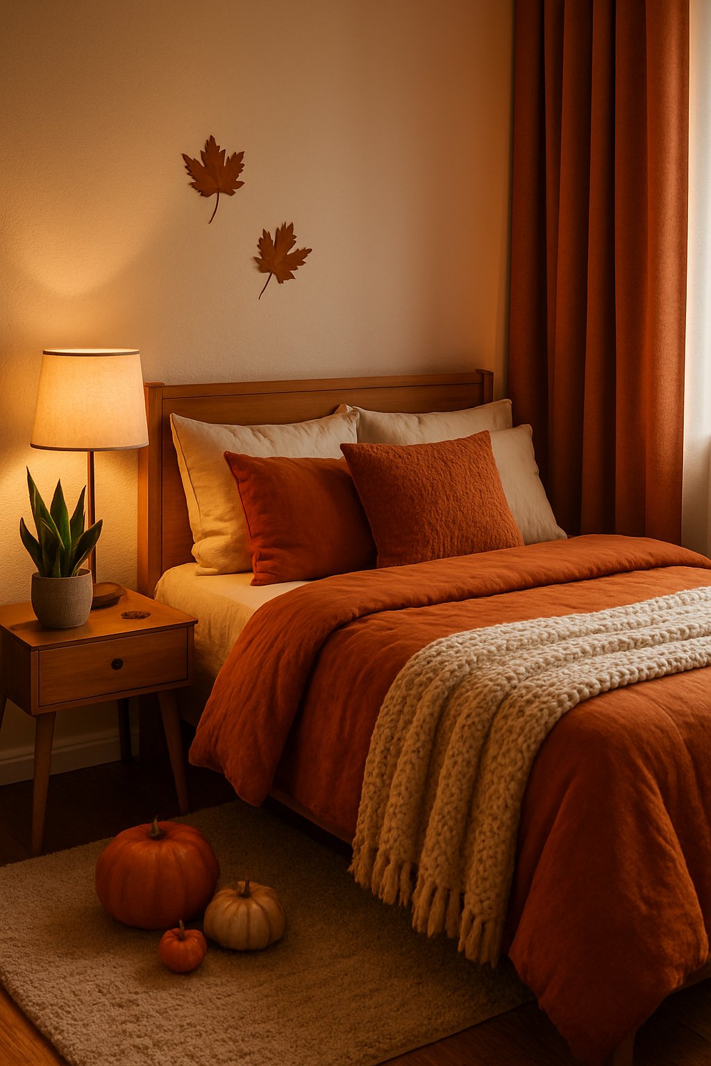 A cozy bedroom with warm fall decorations and a small snake plant on a bedside table.