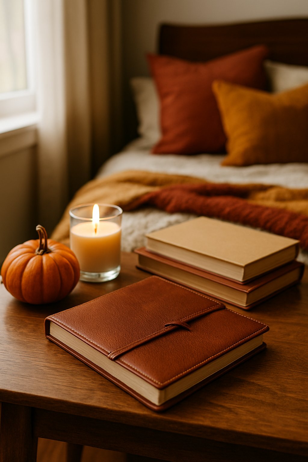 A leather-bound journal on a wooden nightstand next to autumn decor in a cozy bedroom.