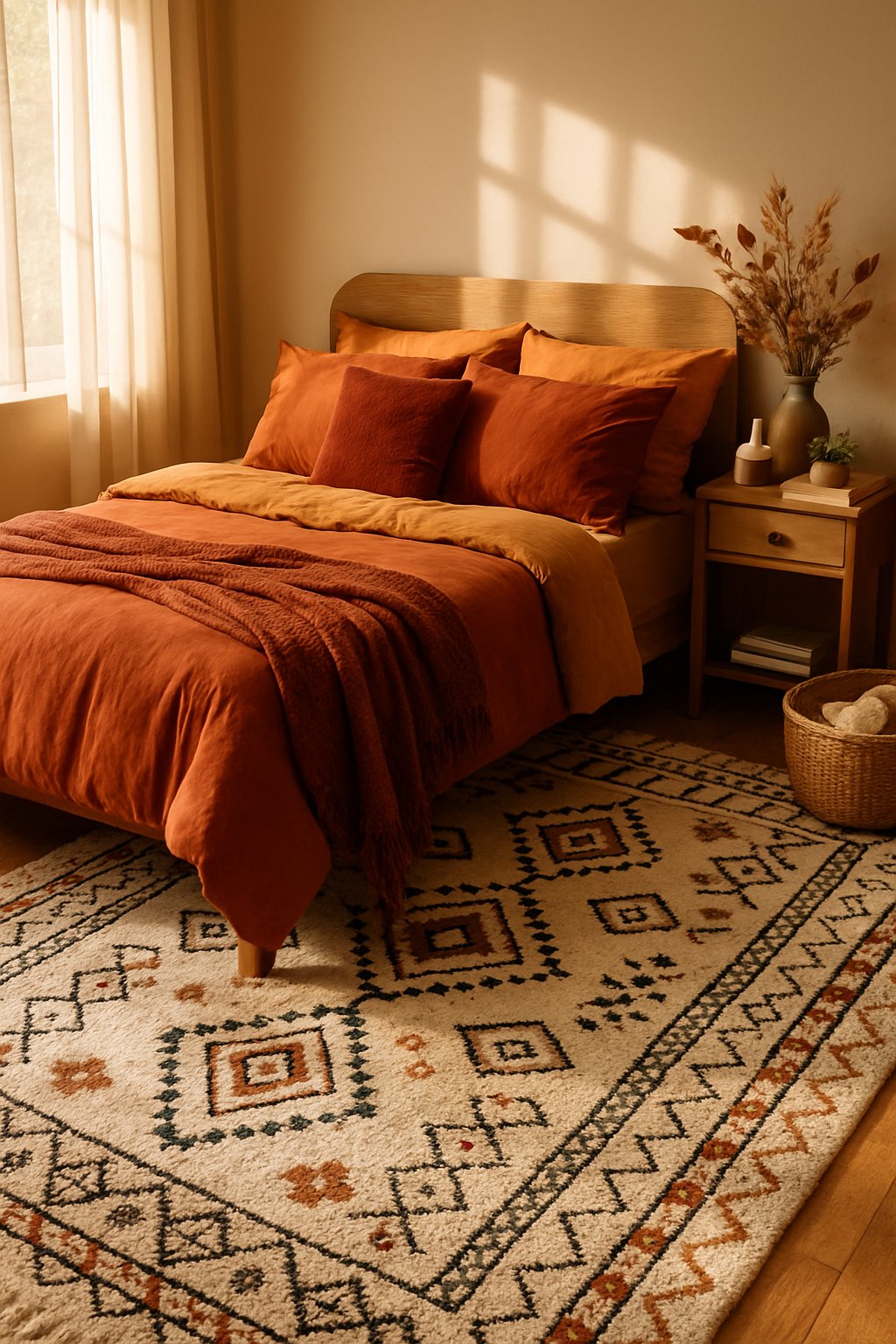 A cozy bedroom with a wool rug featuring geometric patterns on the floor, a neatly made bed with warm-colored bedding, wooden furniture, and autumn decorations.