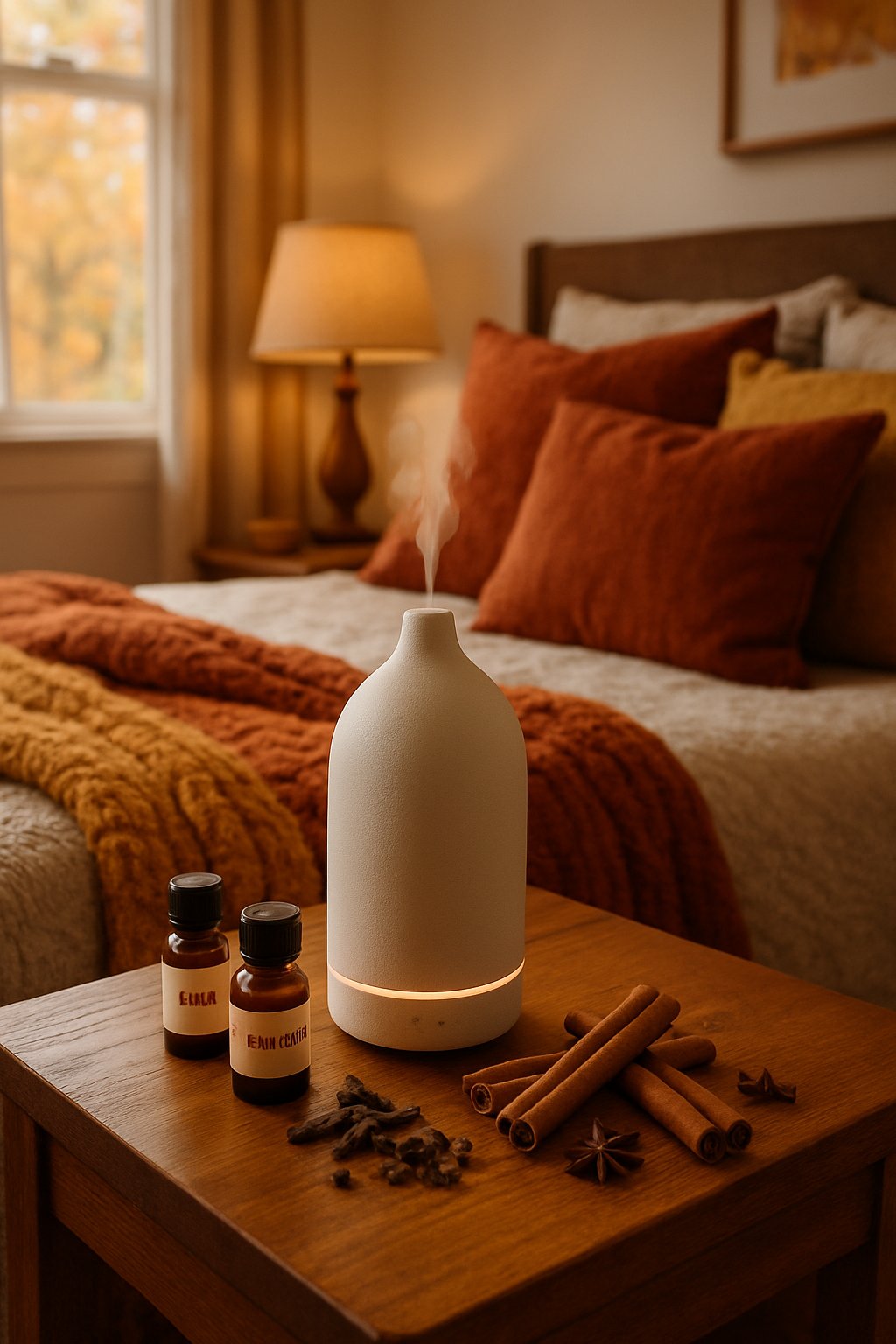 A cozy fall bedroom with a ceramic diffuser on a bedside table surrounded by cinnamon sticks and cloves, warm blankets, and soft lighting.