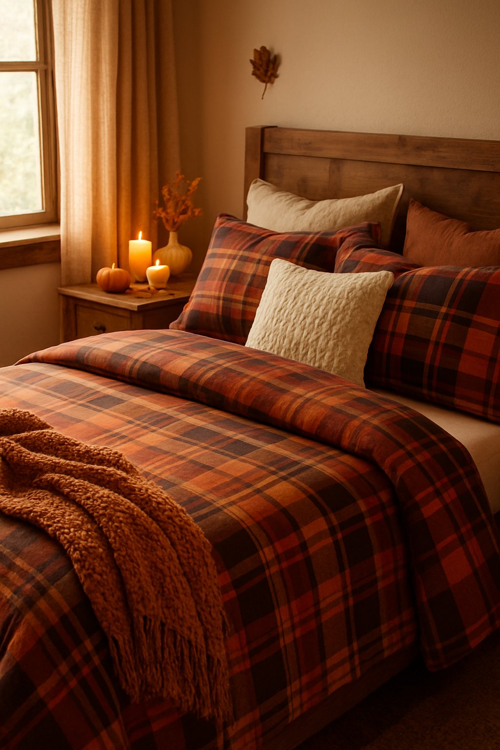 Bedroom featuring plaid flannel sheets and autumn decor