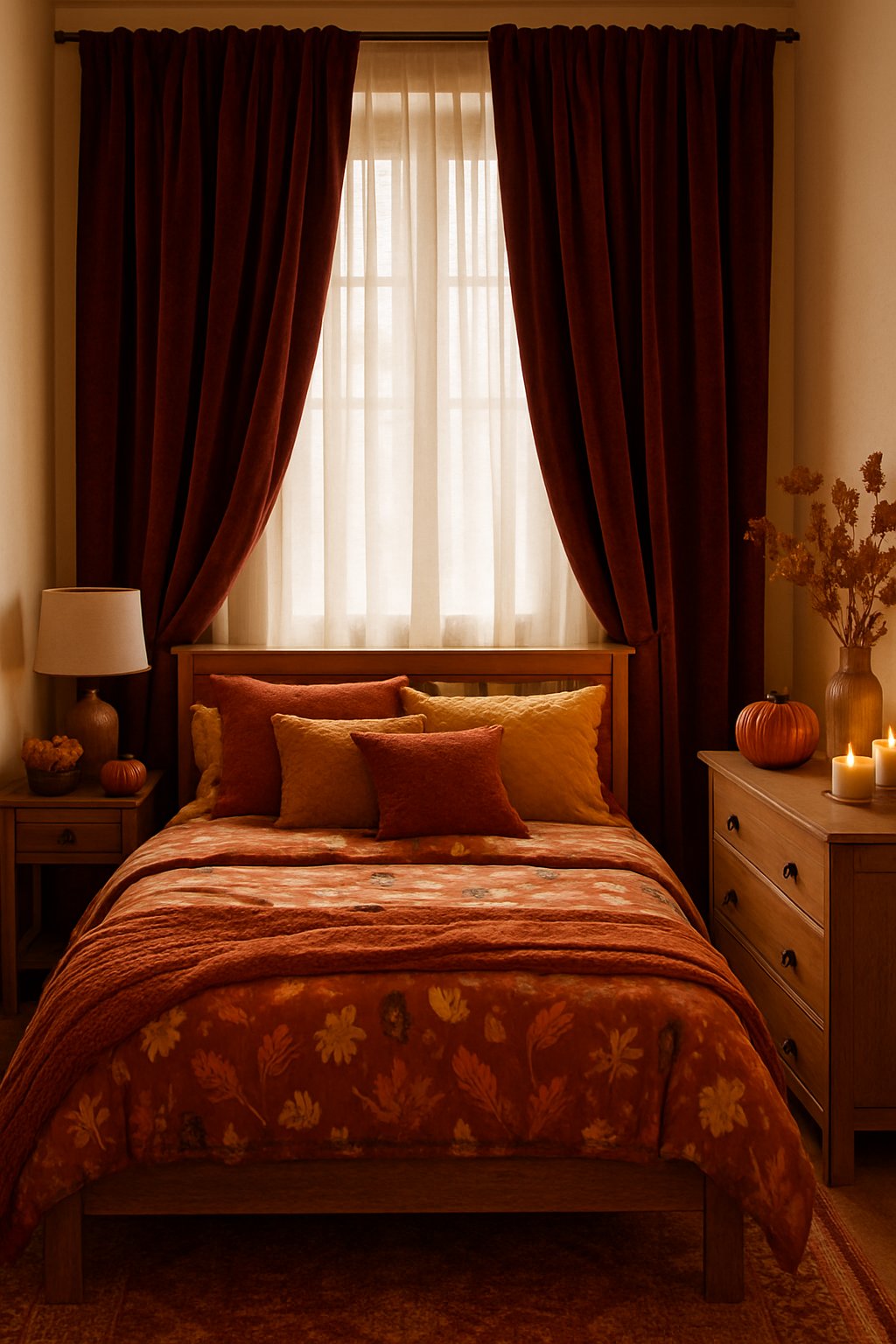 Bedroom with deep burgundy velvet curtains