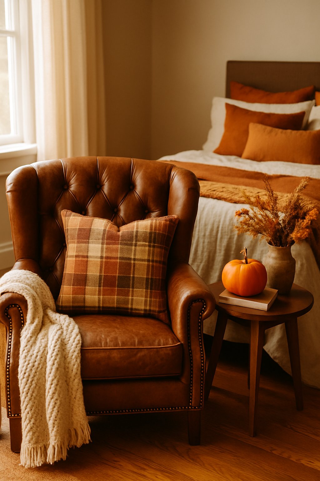 Vintage leather armchair with plaid pillow