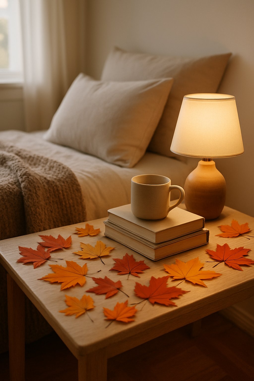 Bedside table with artificial fall leaves