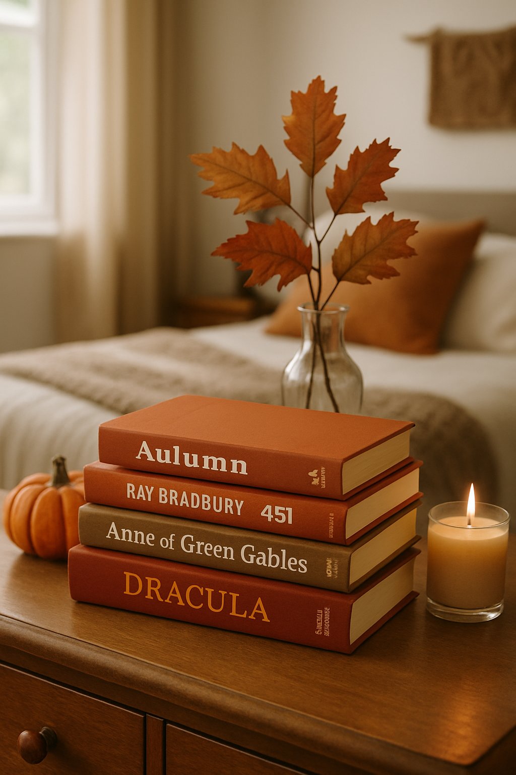 Stack of classic fall novels on dresser