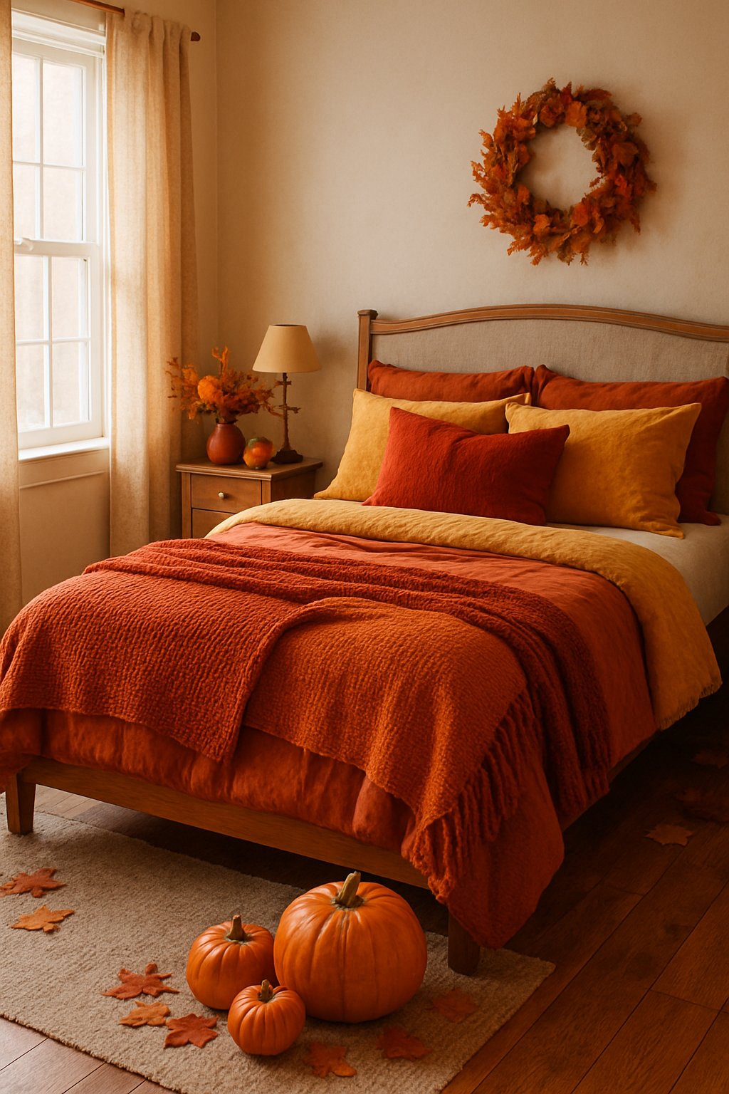 Framed autumn quote in cozy bedroom