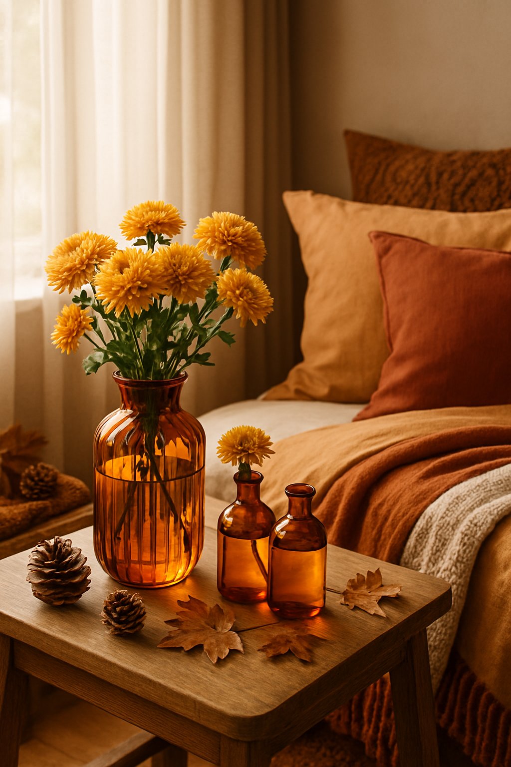 Amber glass vases with chrysanthemums