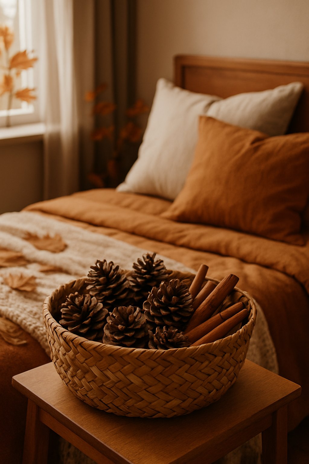 Woven basket filled with pinecones and cinnamon sticks