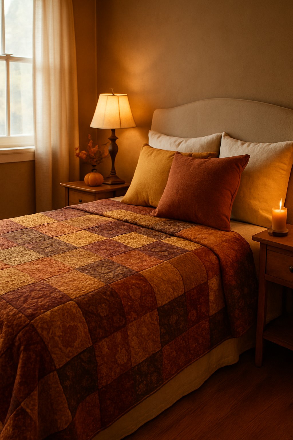 Patchwork quilt in gold, red, and brown