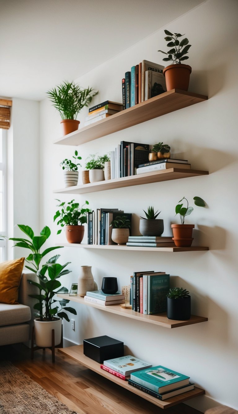 Floating shelves line the walls, holding books, plants, and decorative items in a small apartment