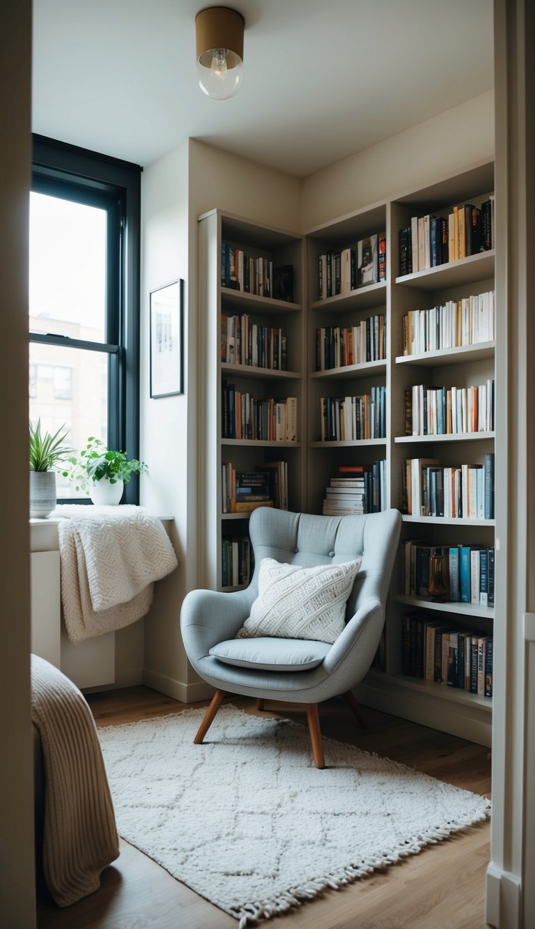 A cozy reading nook with a comfy chair in a well-lit corner of a small apartment, surrounded by bookshelves and soft blankets