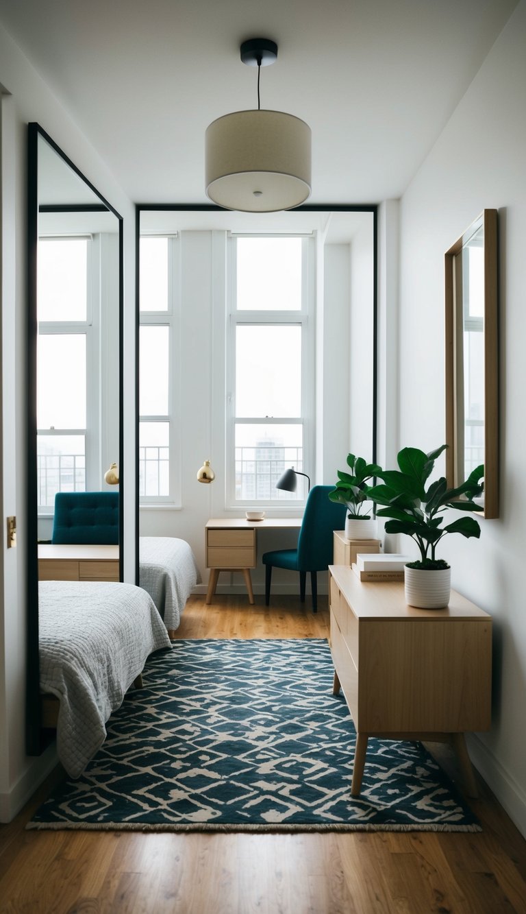 A small apartment room with strategically placed mirrors to create the illusion of a larger space