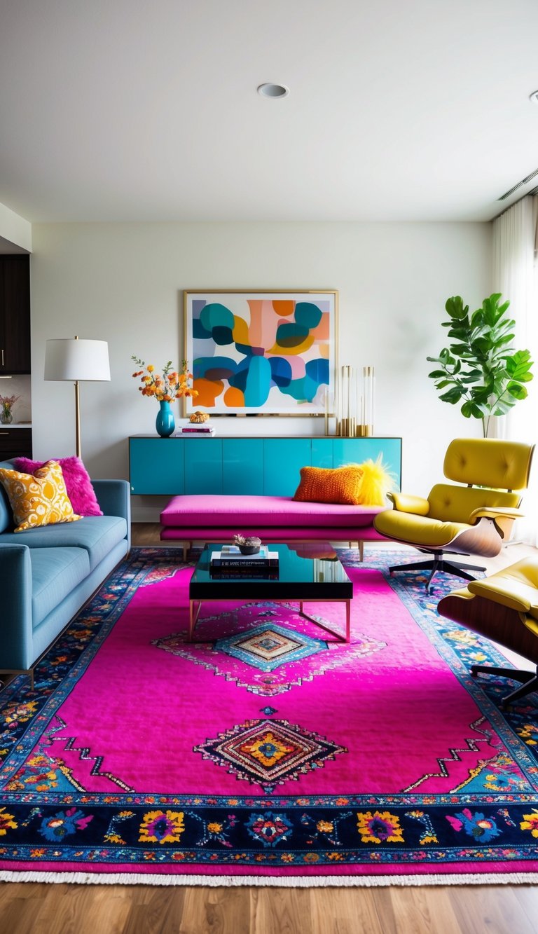 A vibrant statement rug anchors a modern living room with sleek furniture and pops of colorful decor