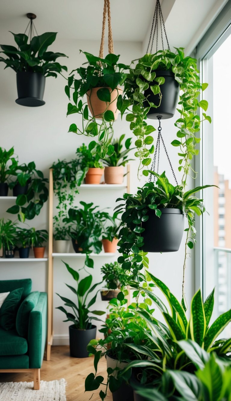 Lush green plants cascade from hanging pots, filling the apartment with vibrant life. A variety of potted plants sit on shelves and tables, adding a natural touch to the modern decor