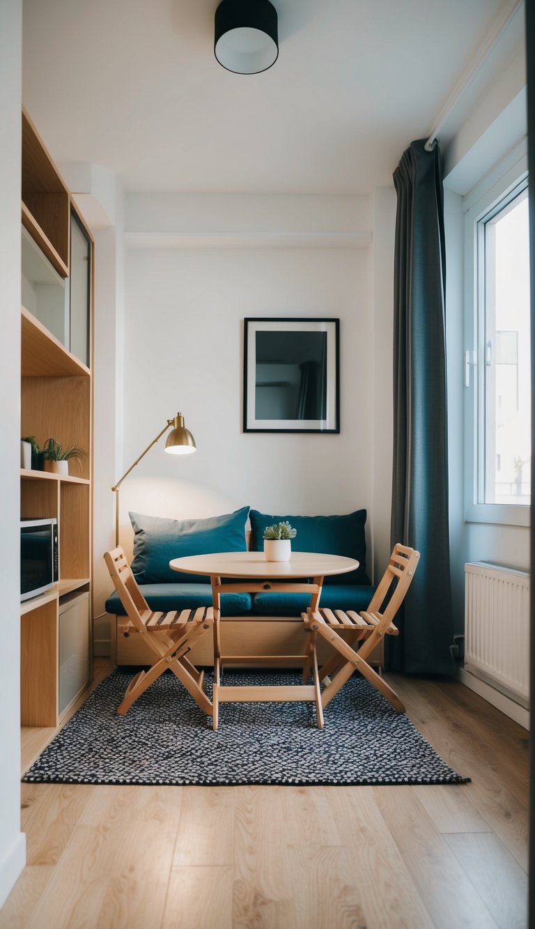 A small apartment with foldable furniture neatly arranged to maximize space