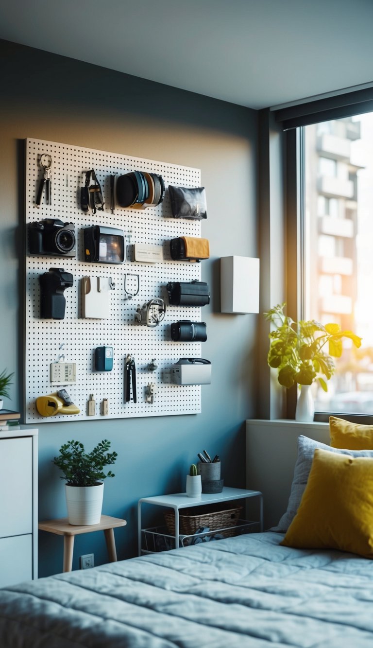 A pegboard hangs on a wall, neatly organizing various items in an apartment room