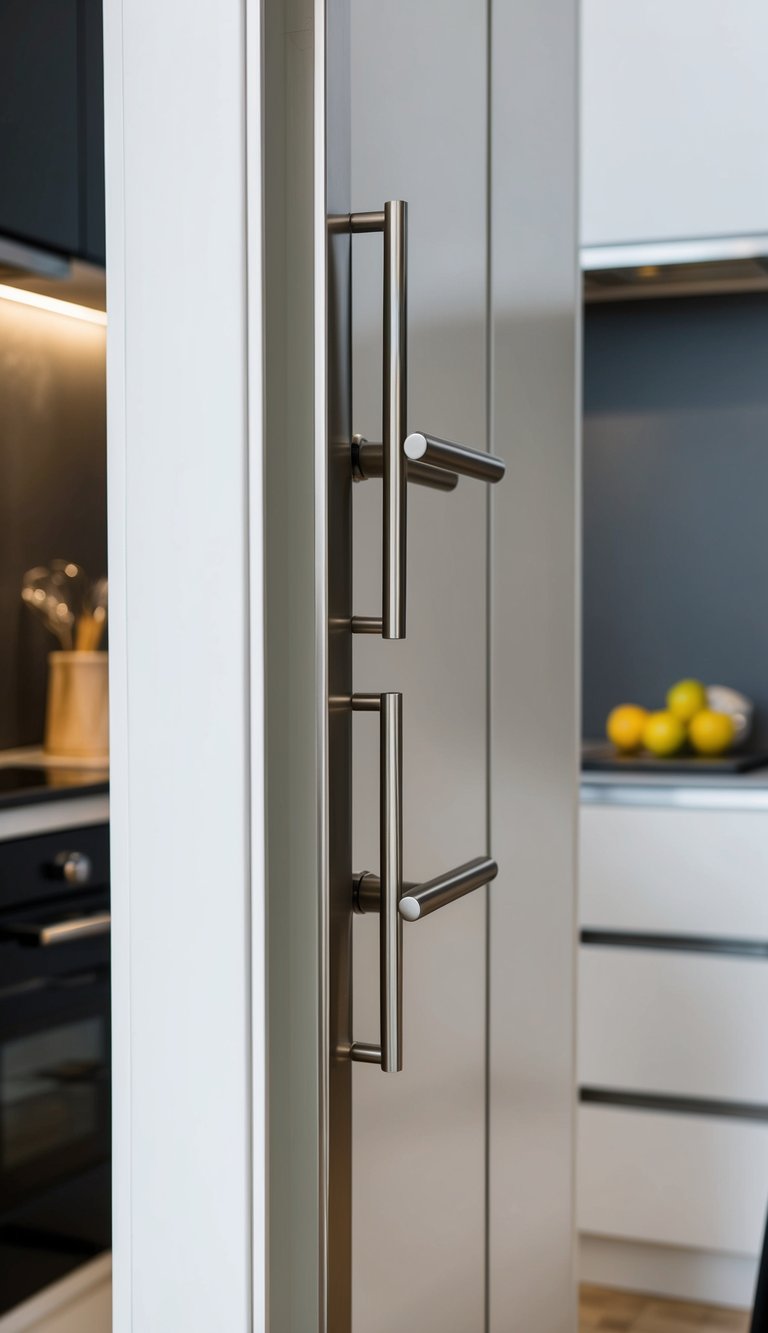 New cabinet handles being installed in a modern apartment kitchen, with sleek, metallic fixtures adding a fresh and stylish look to the room