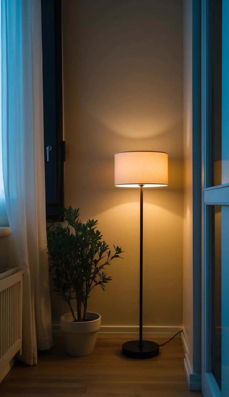 A standing lamp illuminates a dim corner in a cozy apartment room, casting a warm glow over the space