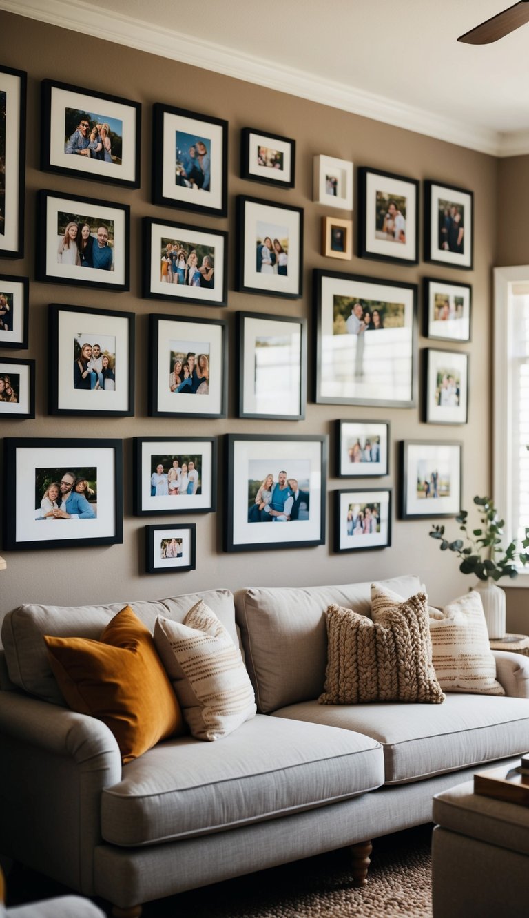 A cozy living room with a gallery wall filled with various sized frames displaying favorite photos, creating a warm and personal atmosphere