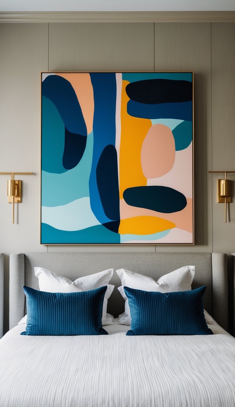 A large, abstract painting in bold colors hangs above the headboard, adding a modern and sophisticated touch to the master bedroom