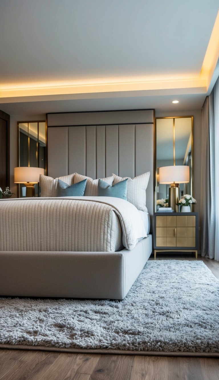 A plush area rug is placed under the bed in a spacious master bedroom with modern decor and soft lighting