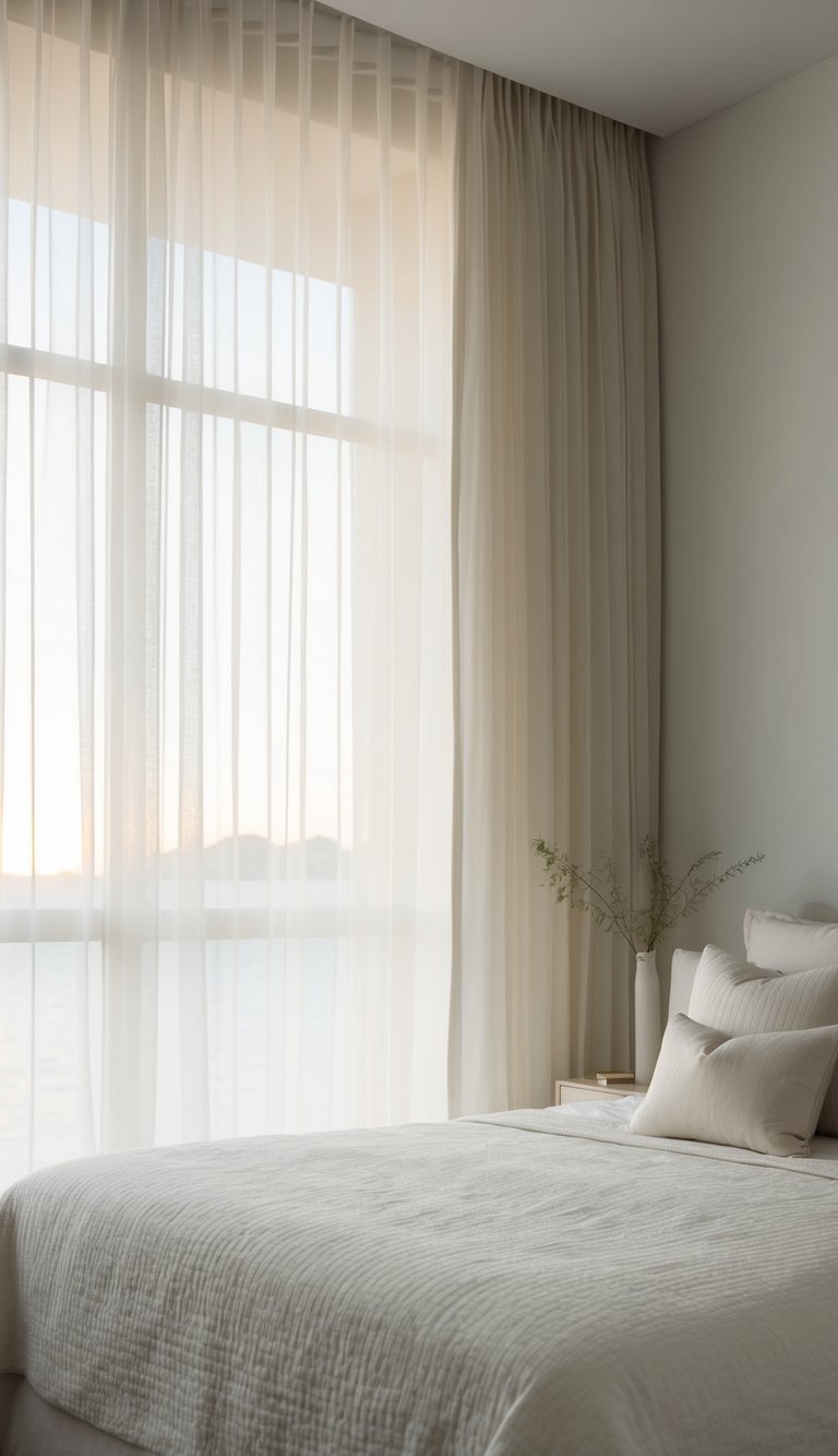 Sheer curtains billow in the breeze, allowing soft natural light to filter into a serene master bedroom with minimalist decor