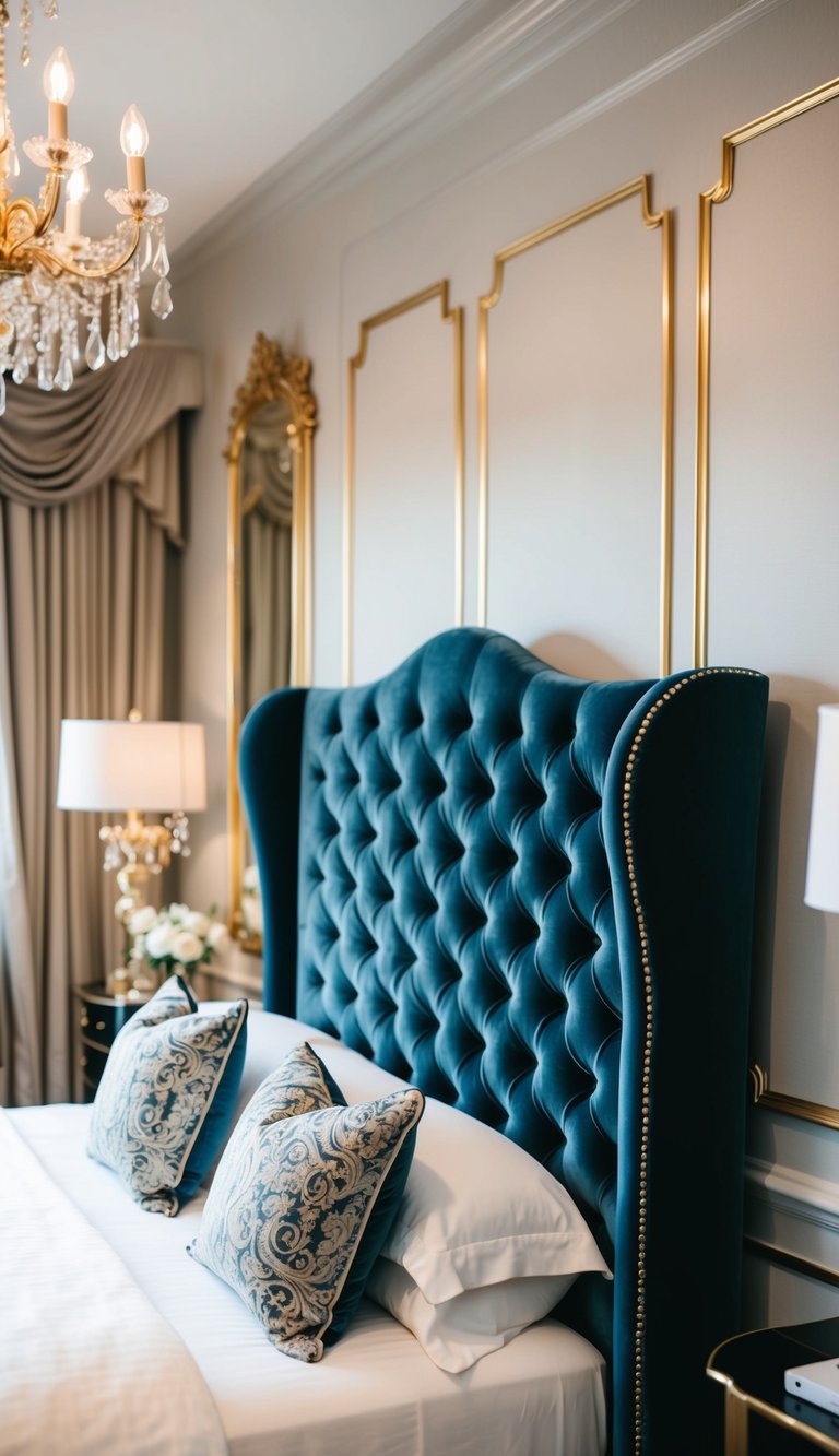 A tufted velvet headboard stands against a backdrop of opulent decor, exuding luxury and elegance in a master bedroom setting
