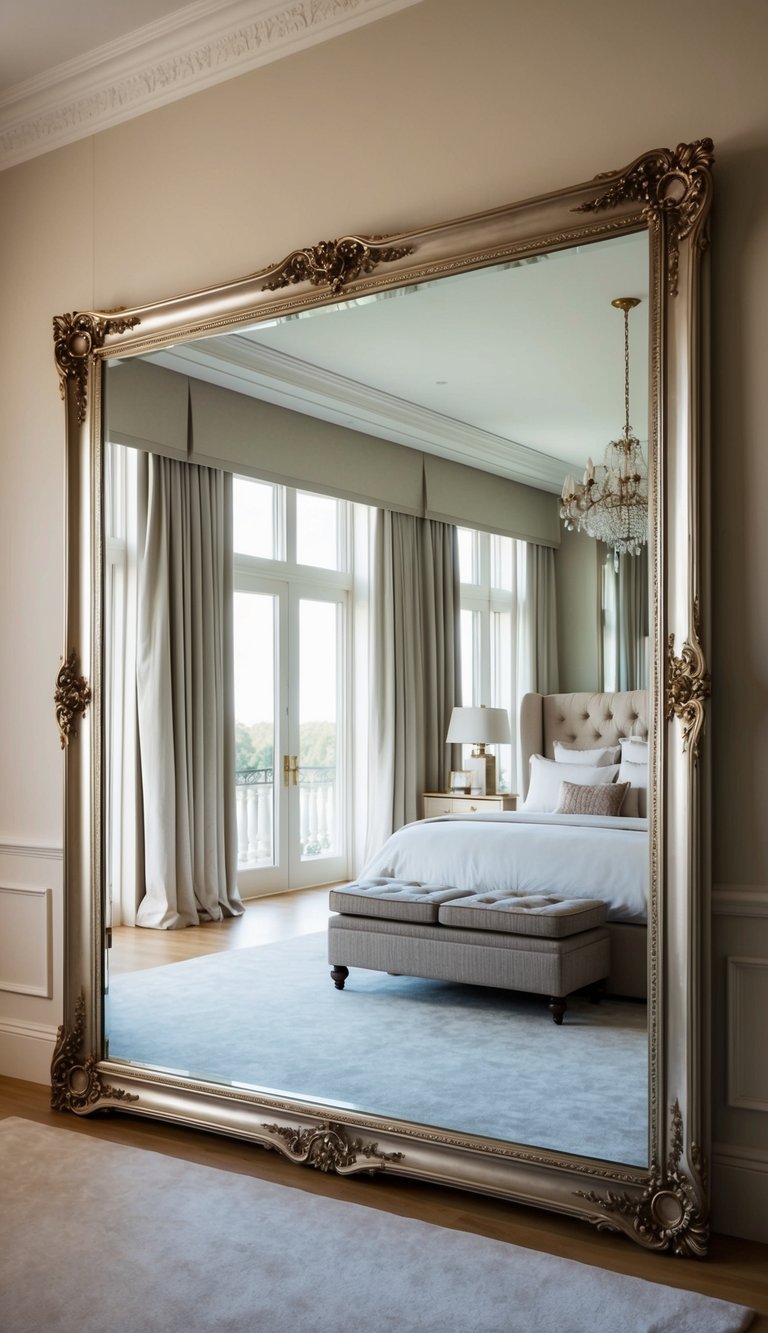 A grand full-length mirror reflects the elegant master bedroom, with an ornate frame adding a touch of luxury to the space