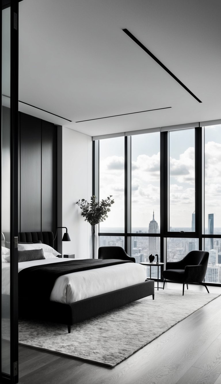 A modern master bedroom with a sleek black and white color scheme, featuring a plush bed, minimalist furniture, and a large window with city skyline view