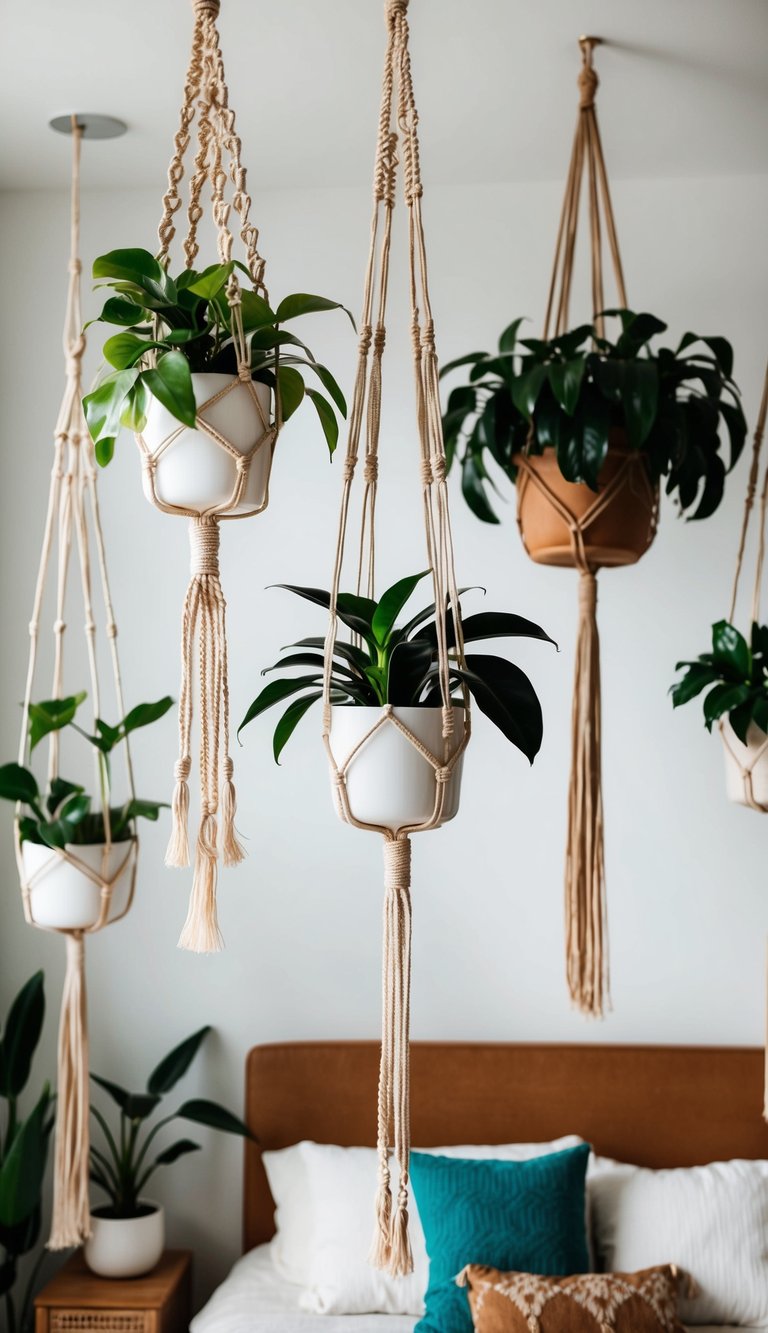 Several macrame plant holders hang from the ceiling, each supporting a lush green plant, adding a bohemian touch to the master bedroom