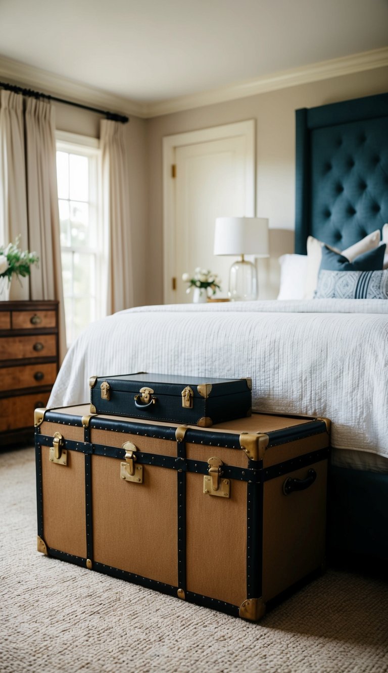 A vintage trunk sits at the foot of a neatly made bed in a spacious master bedroom, adding a touch of charm and nostalgia to the room's decor