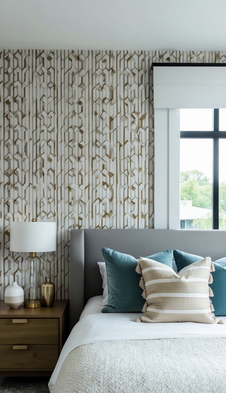 A geometric patterned wallpaper covers one wall in a modern master bedroom