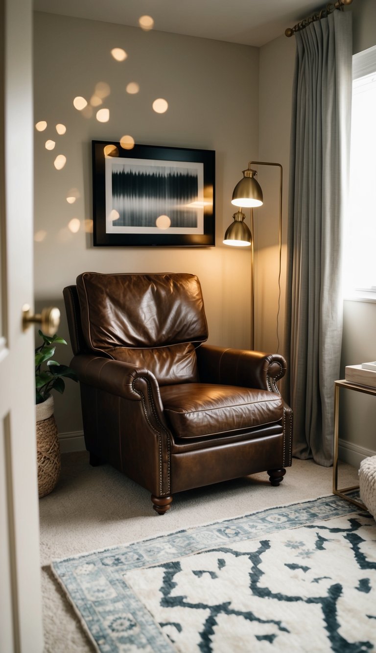 A leather lounge chair sits in a cozy bedroom corner, surrounded by soft lighting and luxurious decor